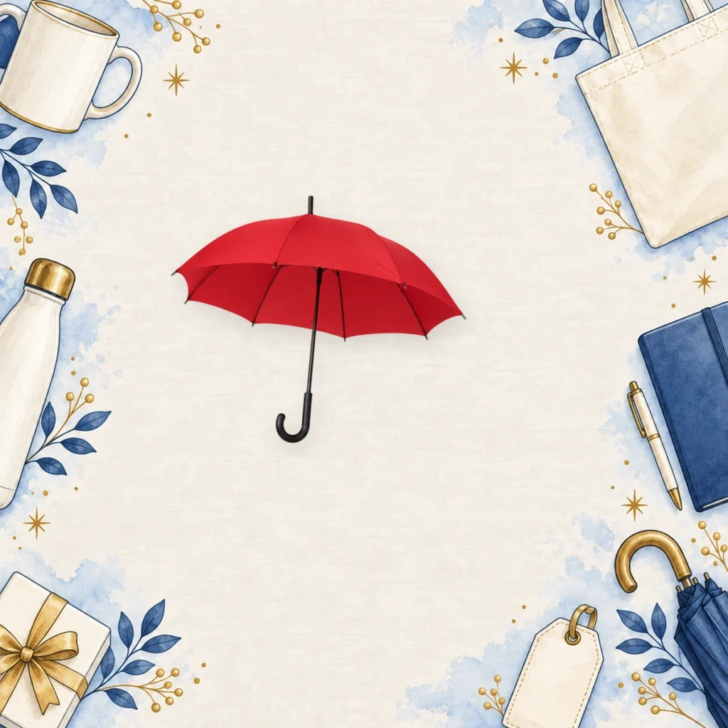 red full-size promotional umbrellas for real estate
