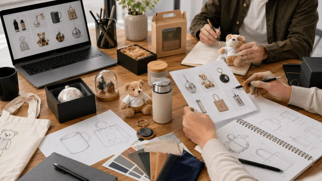 Custom gift sample development checklist with product sketches materials and packaging references