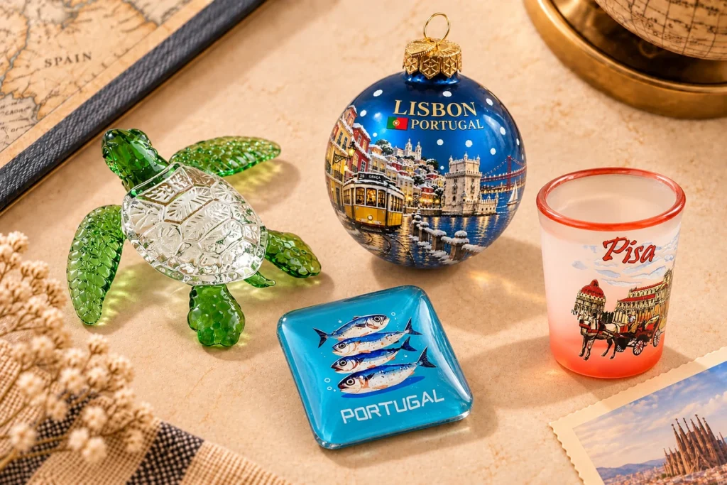 Custom glass souvenir finishes on magnet, turtle figurine, bauble and frosted shot glass