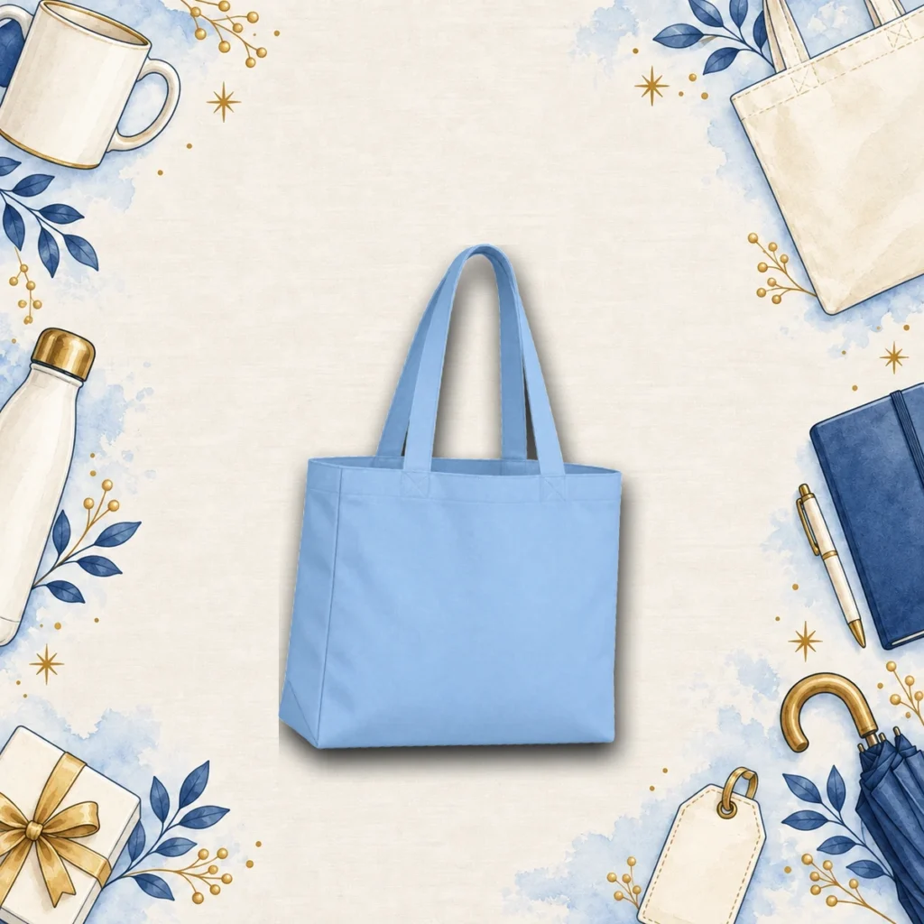 light blue canvas tote bag for branded merchandise