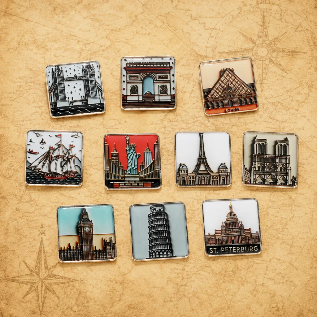 Custom landmark metal lapel pin collection manufacturer