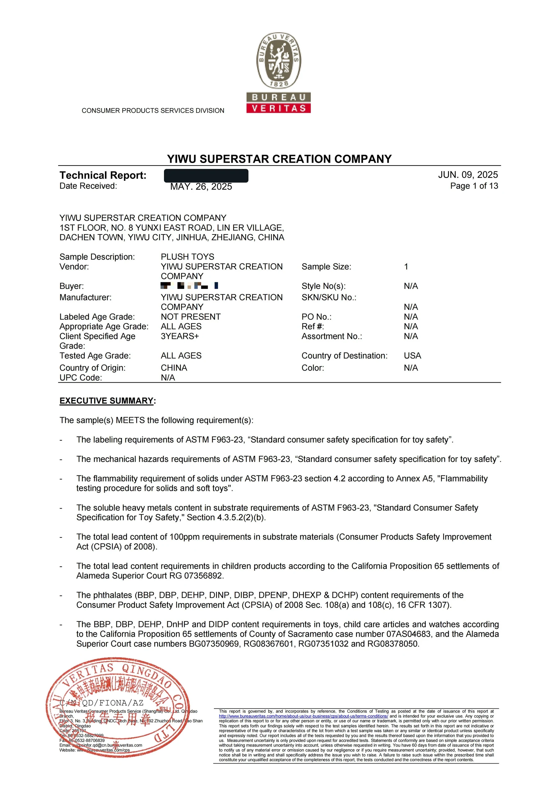 Redacted Bureau Veritas ASTM F963 and CPSIA test report for a custom plush toy project