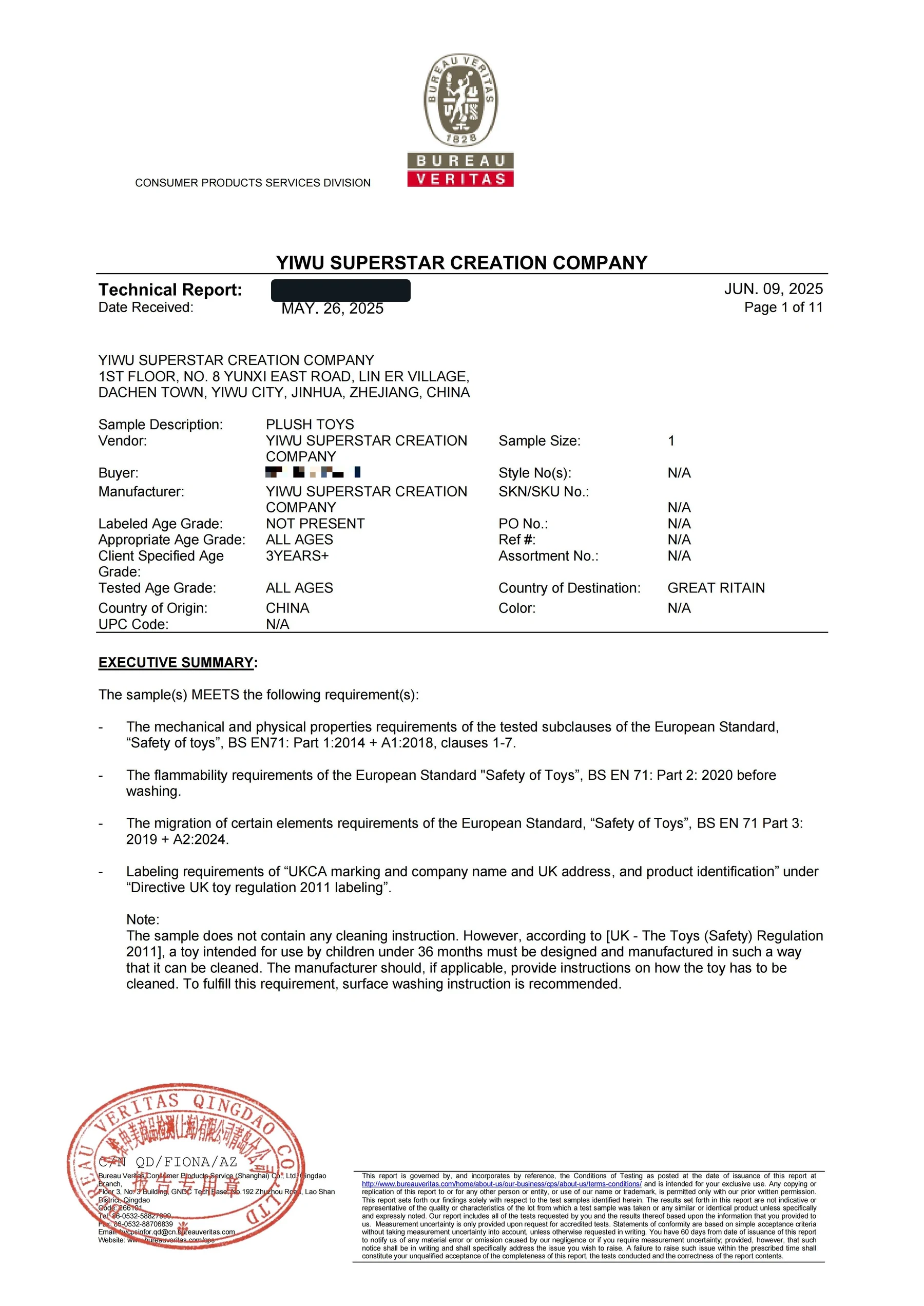 Redacted Bureau Veritas BS EN 71 test report for a custom plush toy project in the United Kingdom