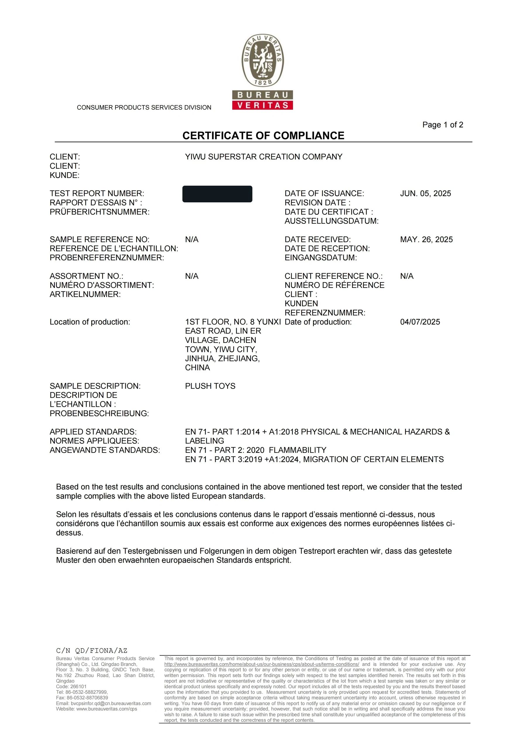 Redacted Bureau Veritas CE supporting documentation for a custom plush toy project