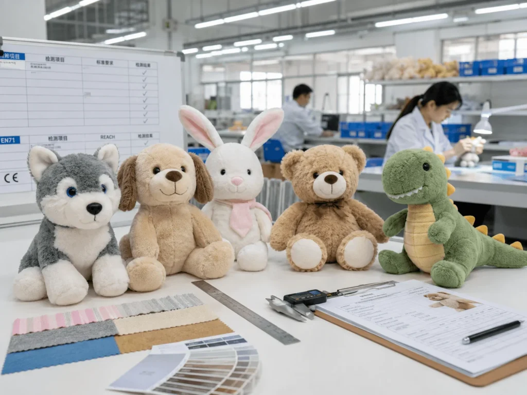 Custom plush toys prepared for EU compliance review with fabric swatches and inspection documents