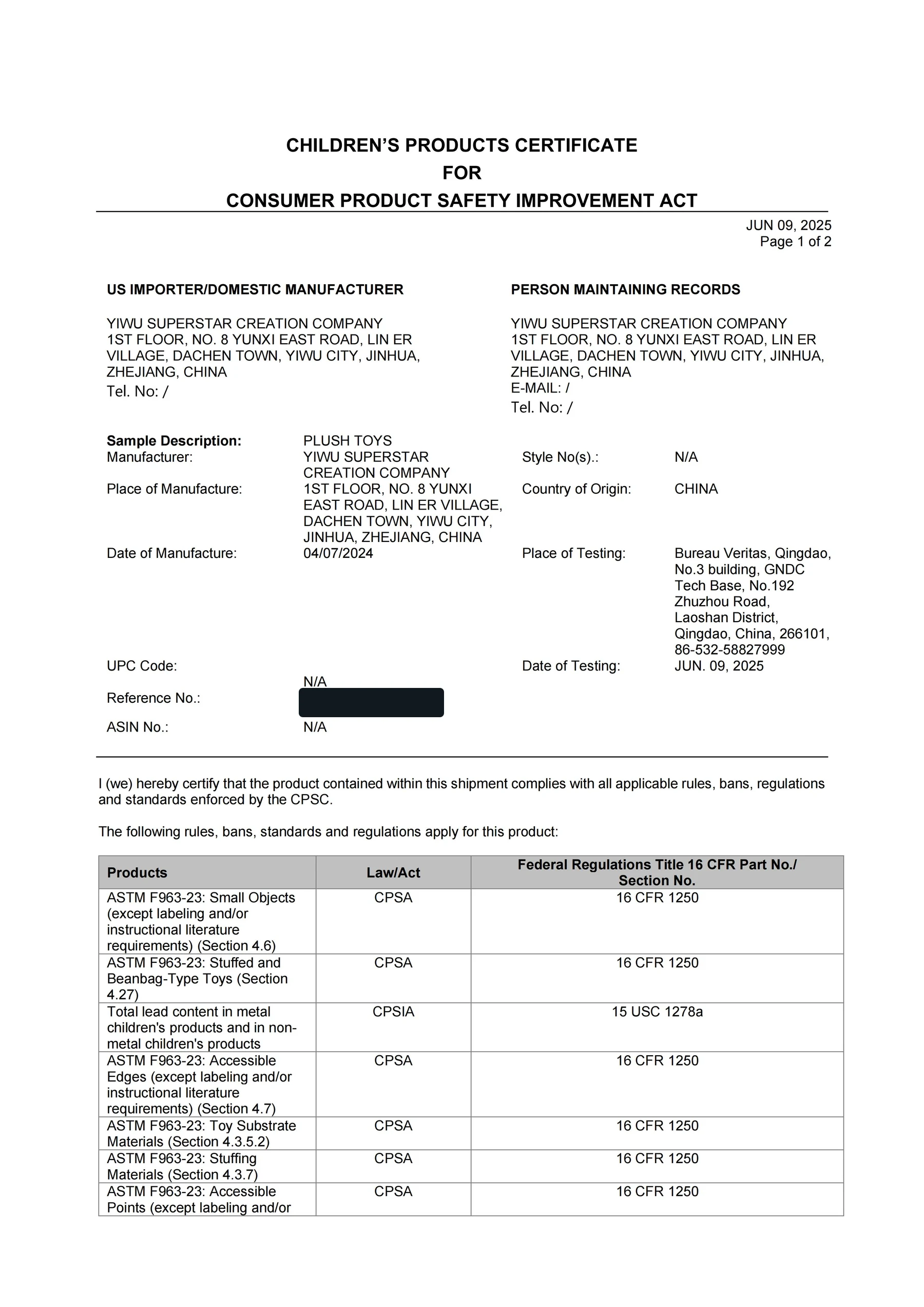 Redacted Children Product Certificate for a custom plush toy project in the United States