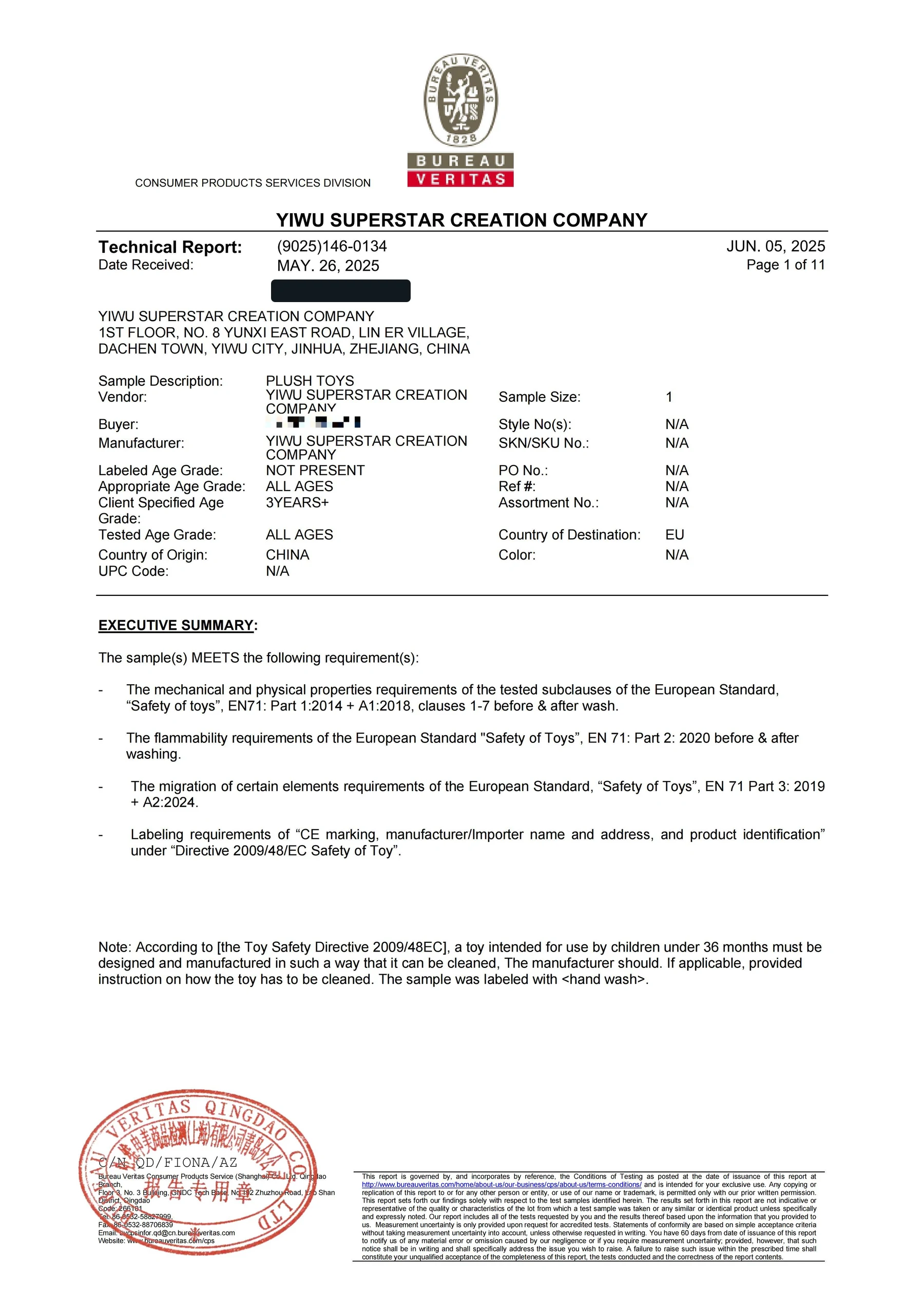Redacted Bureau Veritas EN 71 and REACH test report for a custom plush toy project in the European Union