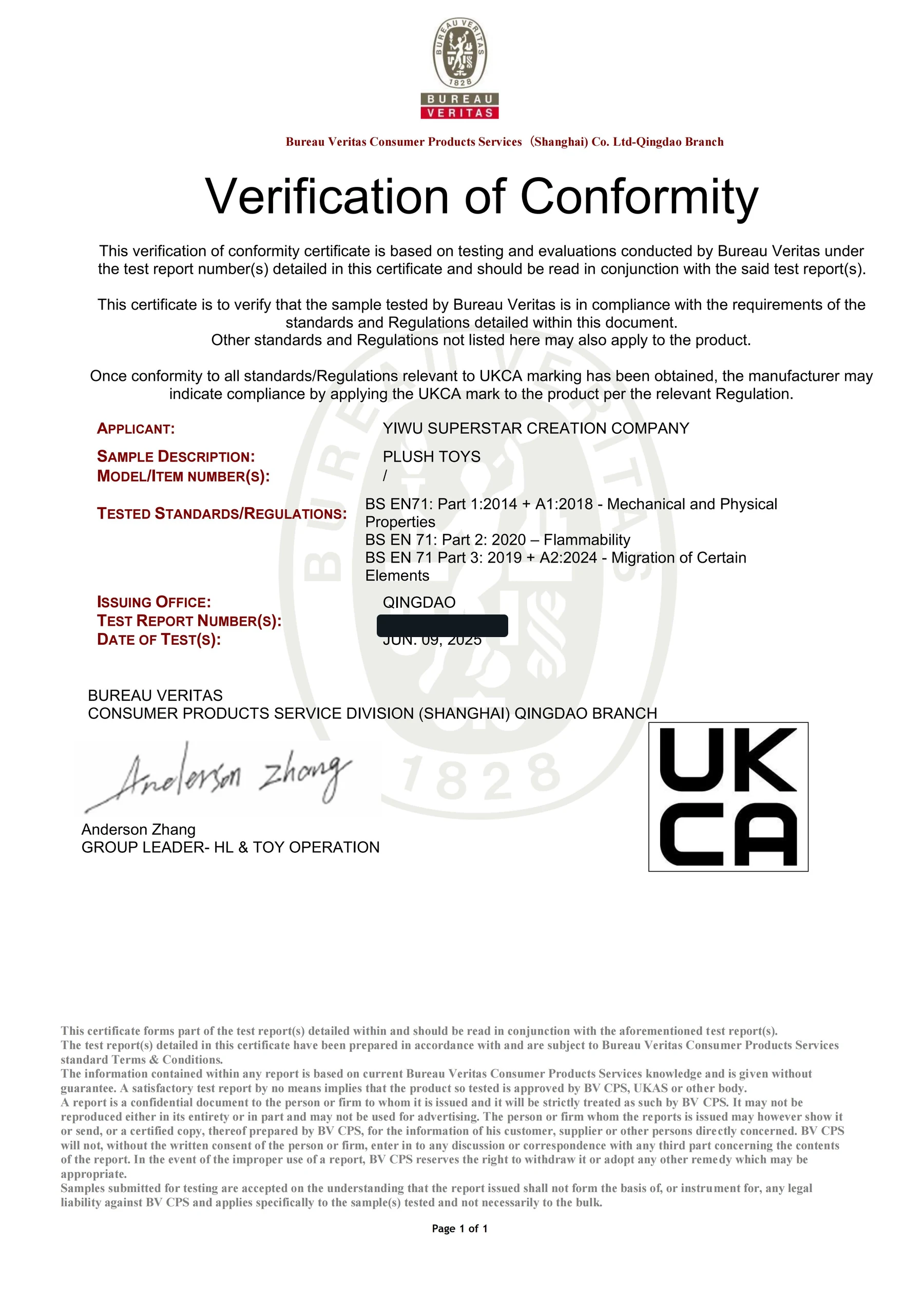 Redacted Bureau Veritas UKCA supporting documentation for a custom plush toy project