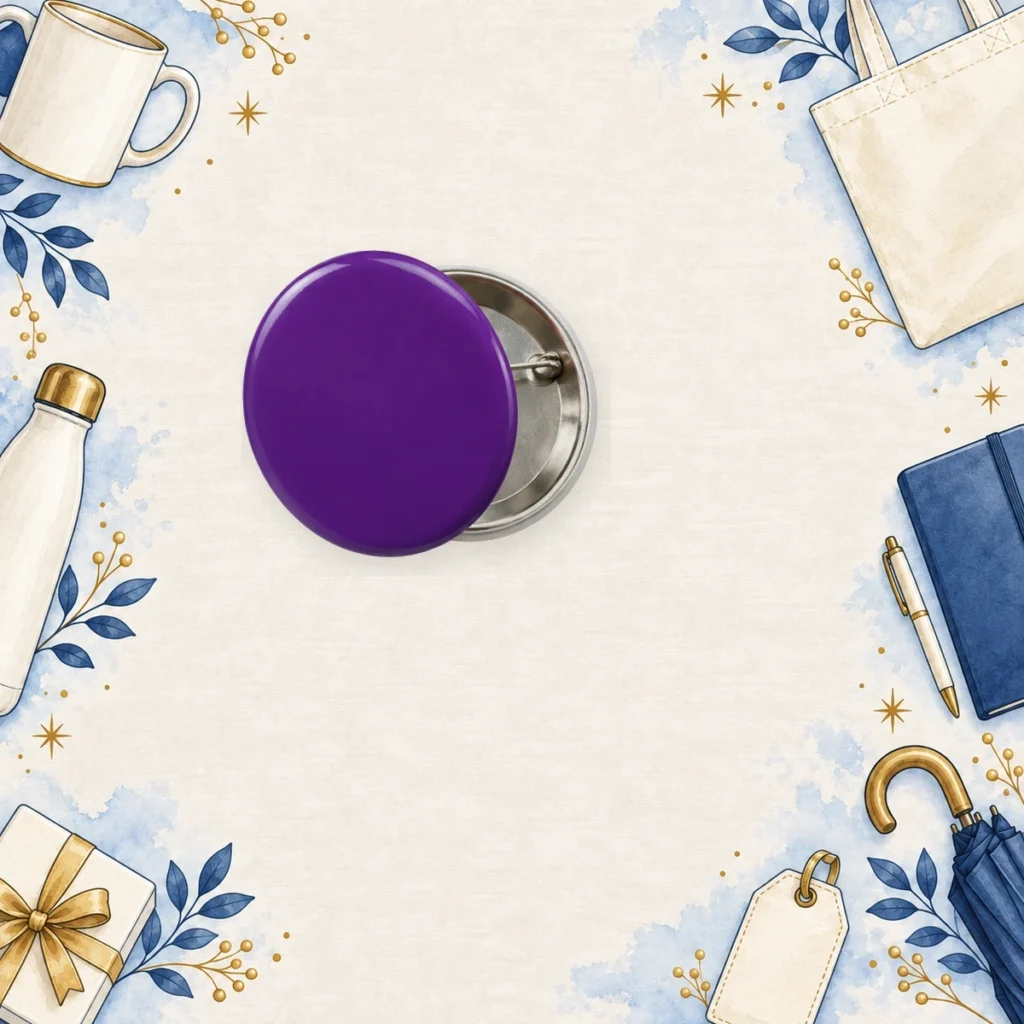 purple promotional button badges for employee recognition