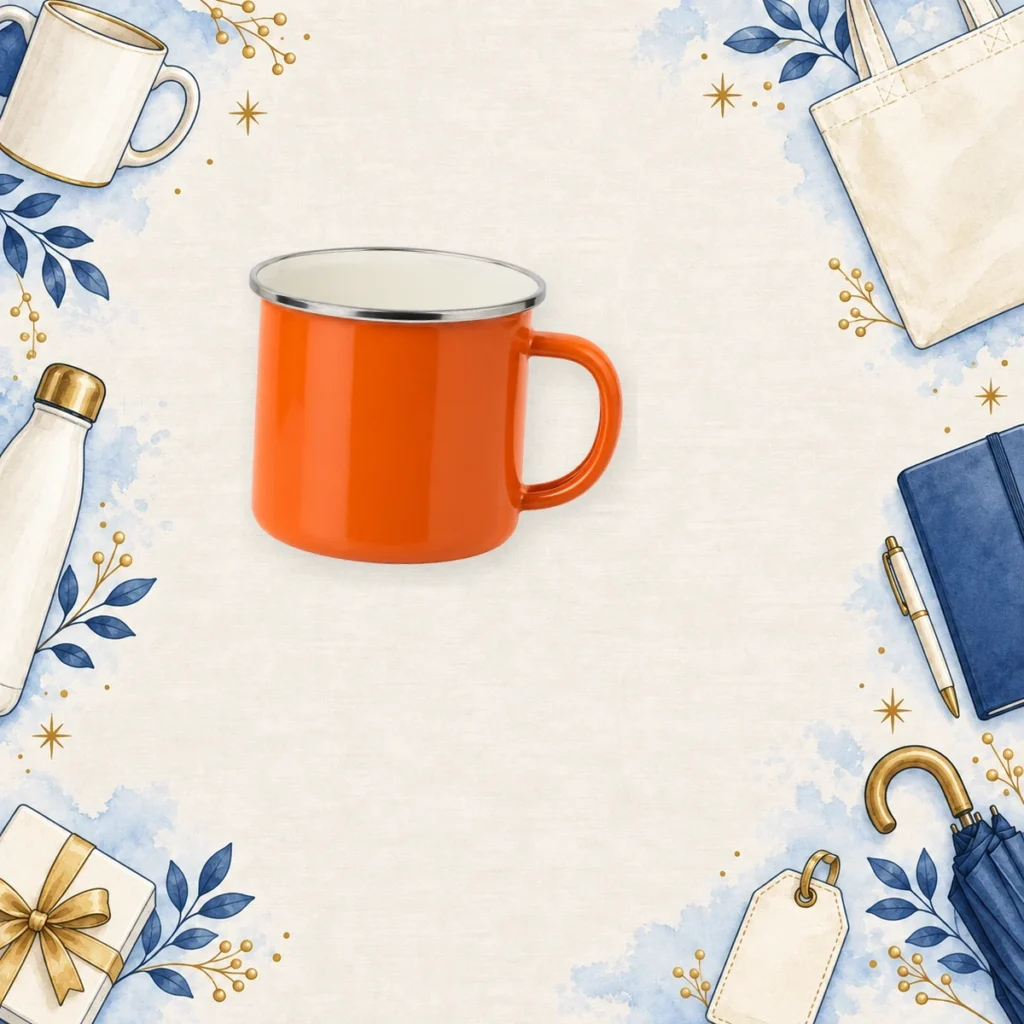 orange promotional enamel mugs for employee gifts