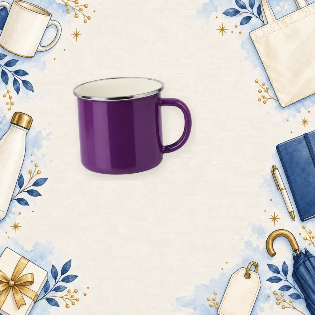 purple promotional enamel mugs for corporate events
