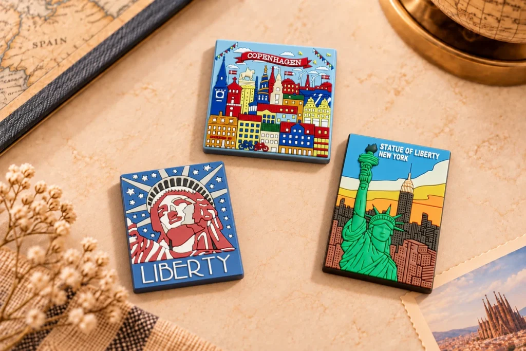 Custom soft PVC fridge magnets featuring Copenhagen and New York