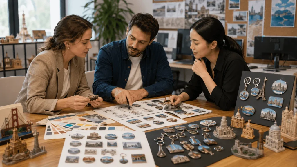 Souvenir design meeting with landmark sketches and custom product samples