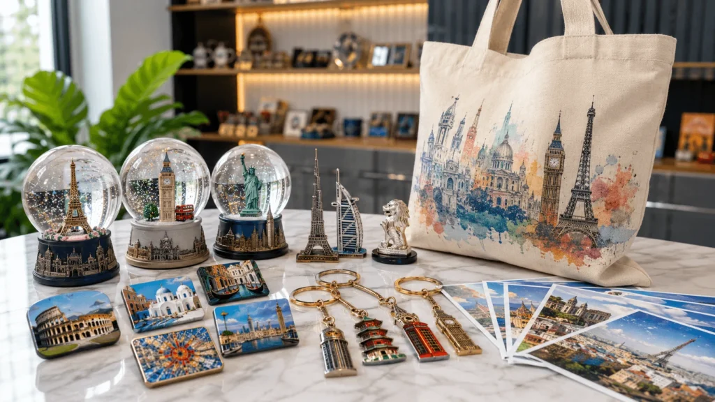 Custom tourism souvenirs displayed for museums landmarks and gift shops