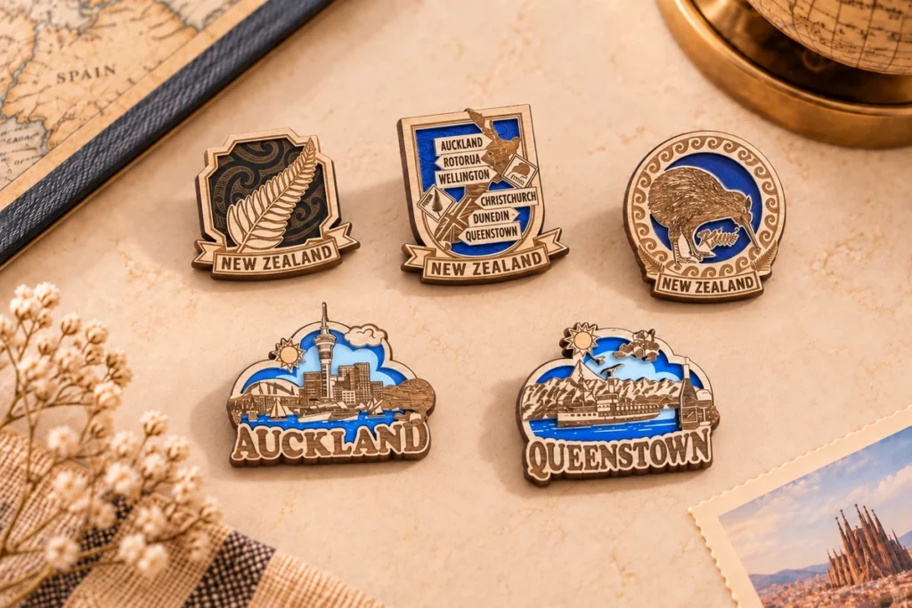 New Zealand custom wooden fridge magnets with landmarks and wildlife