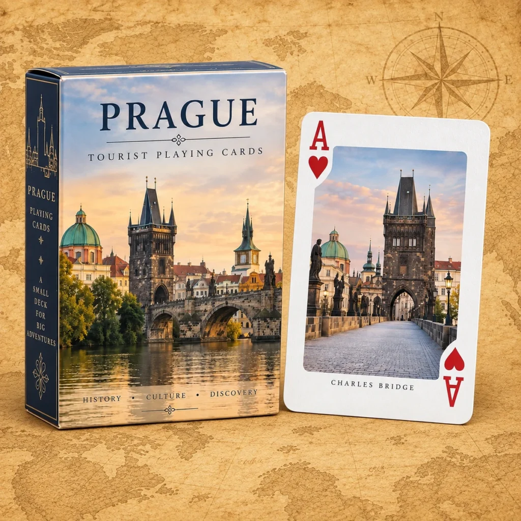 Prague playing cards on an antique world map