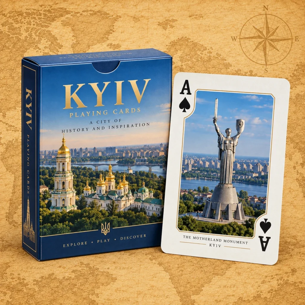 Kyiv playing cards on an antique world map