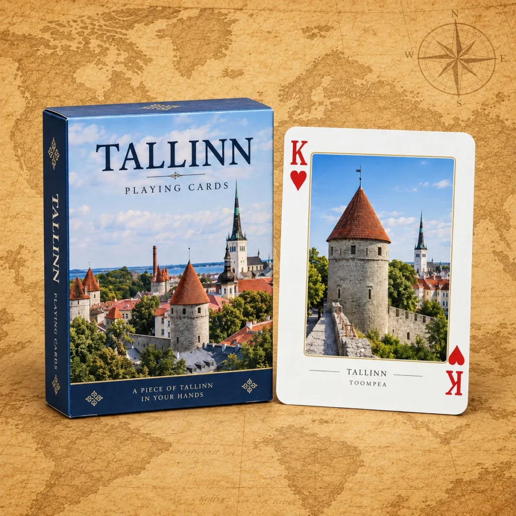 Tallinn playing cards on an antique world map