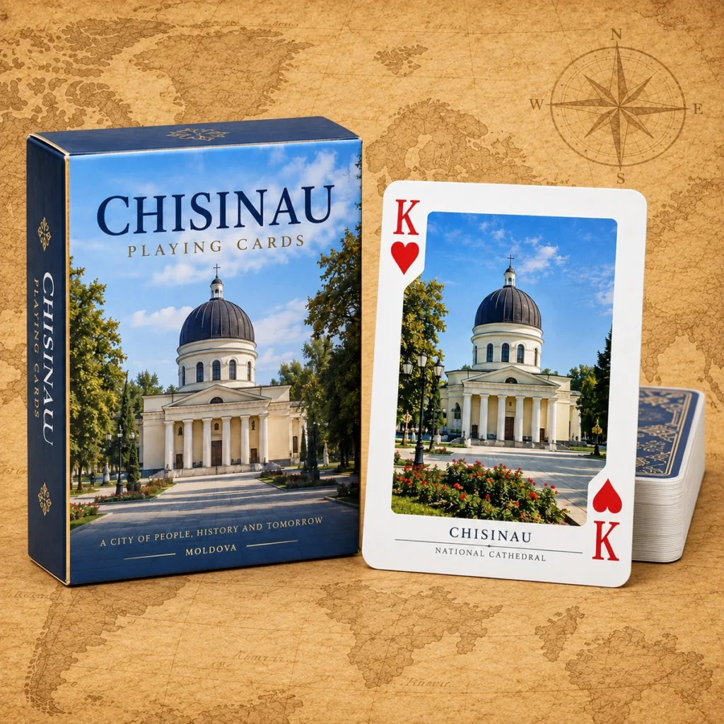 Chisinau playing cards on an antique world map