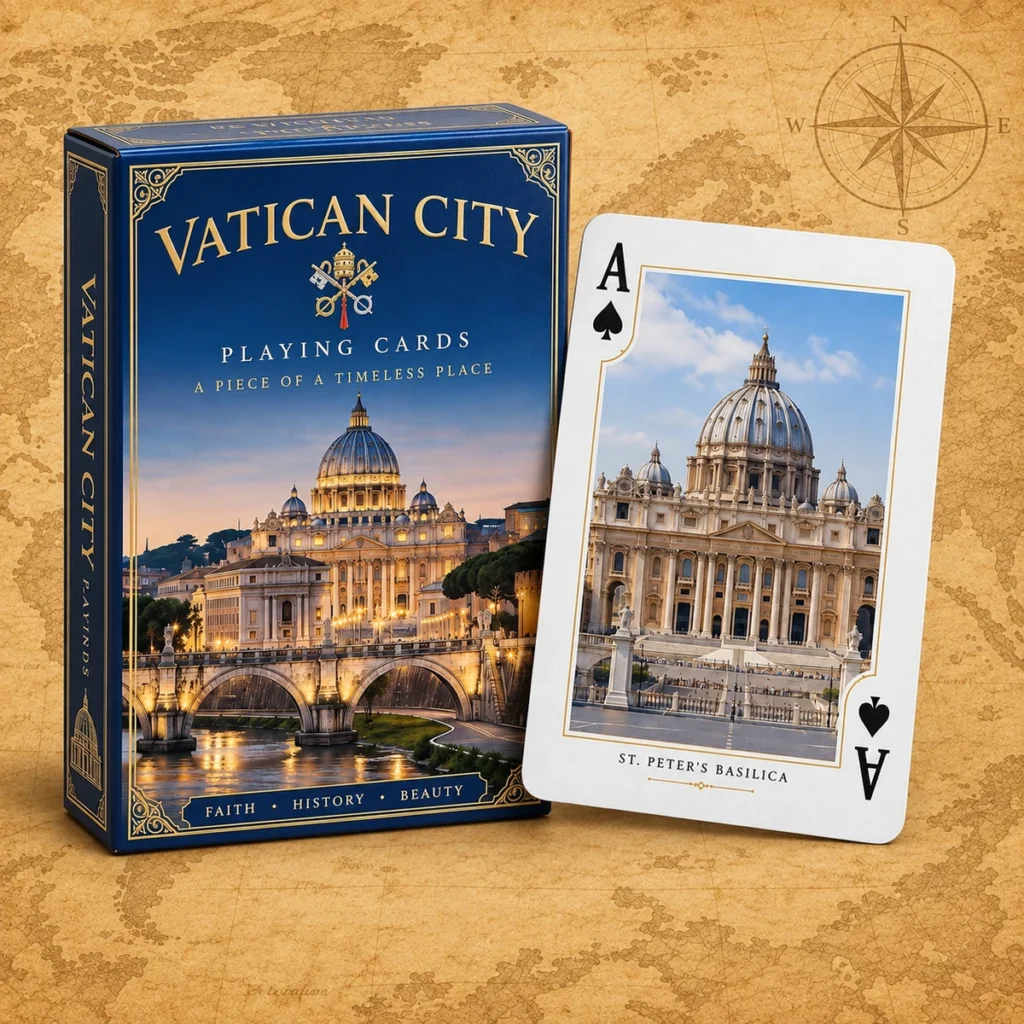 Vatican City playing cards on an antique world map