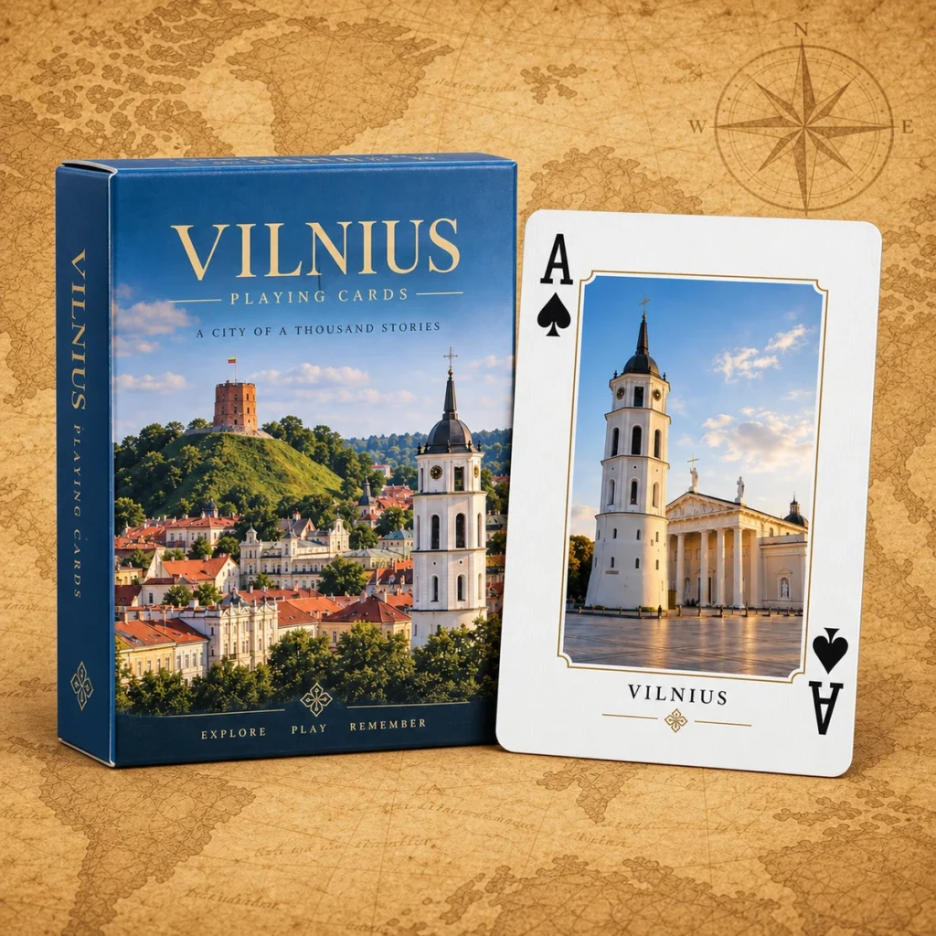 Vilnius playing cards on an antique world map