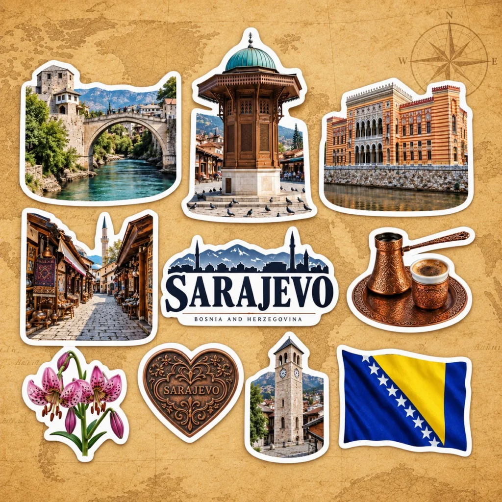 Sarajevo sticker sheet on an antique world map