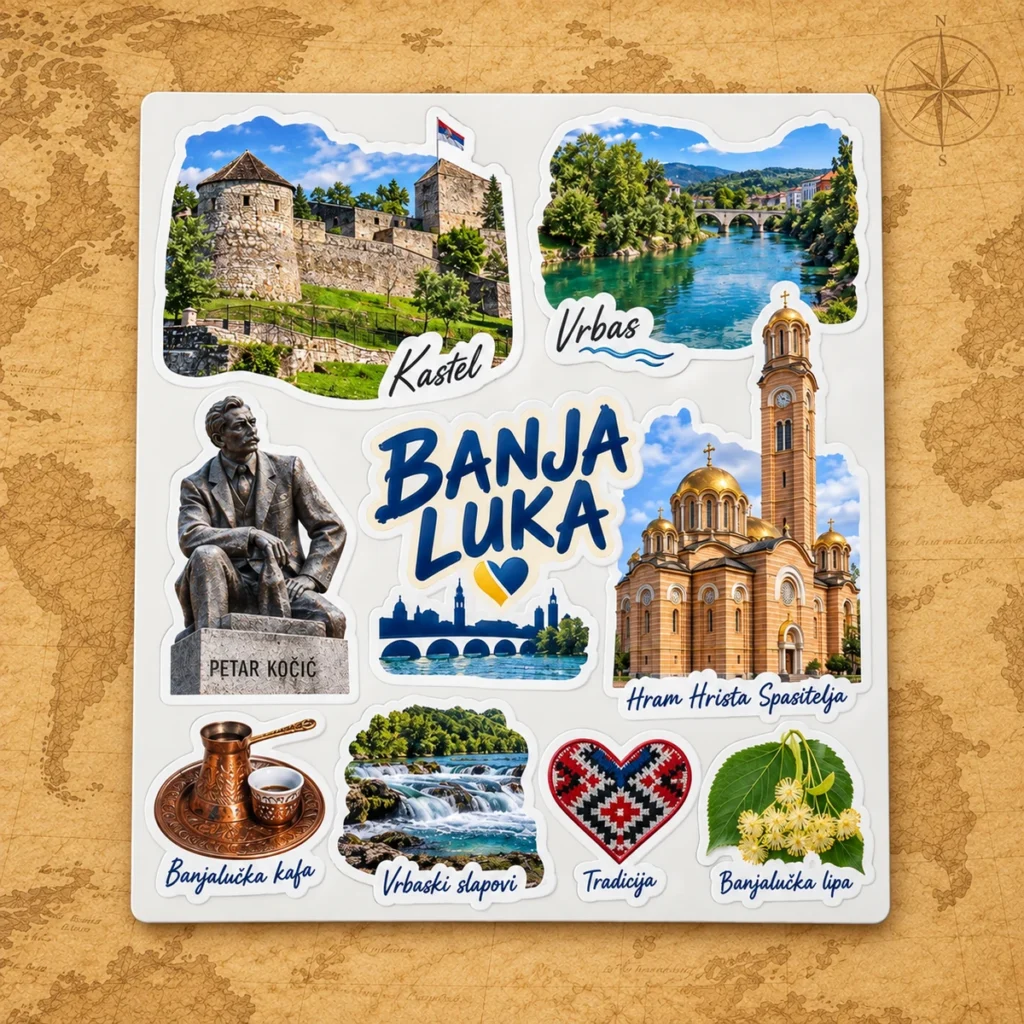 Banja Luka sticker sheet on an antique world map
