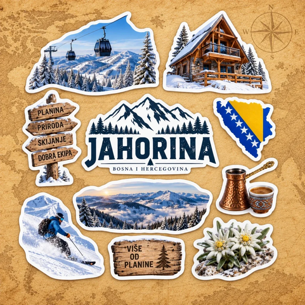 Jahorina sticker sheet on an antique world map