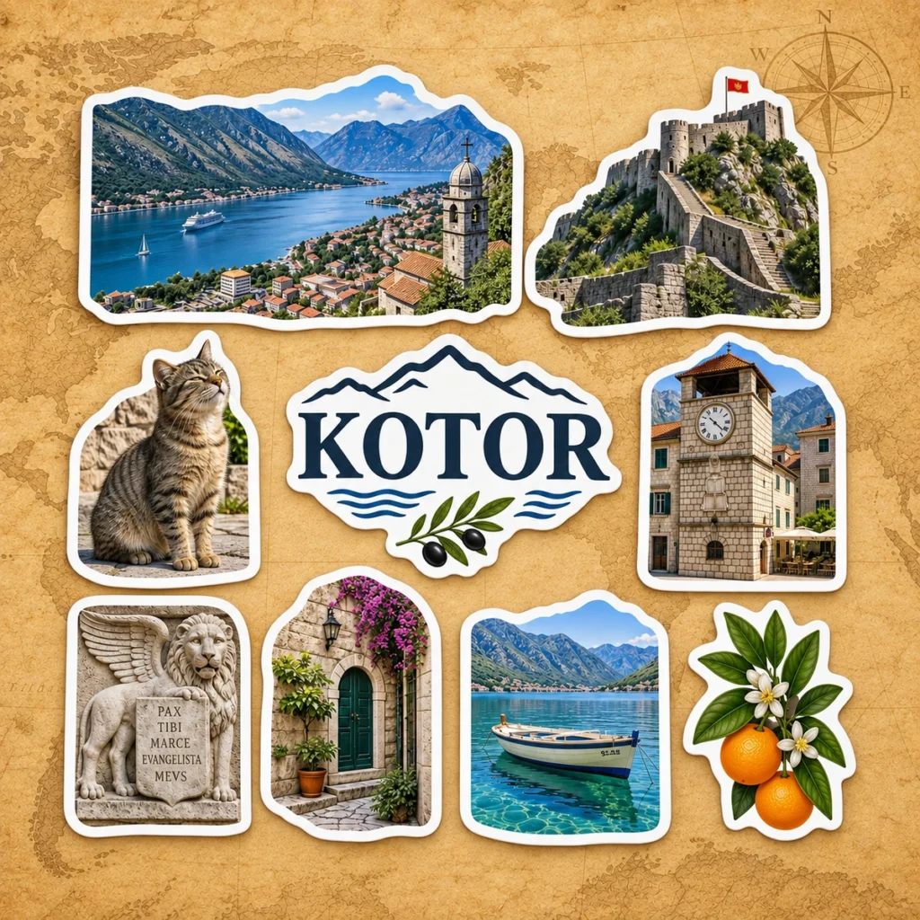 Kotor sticker sheet on an antique world map