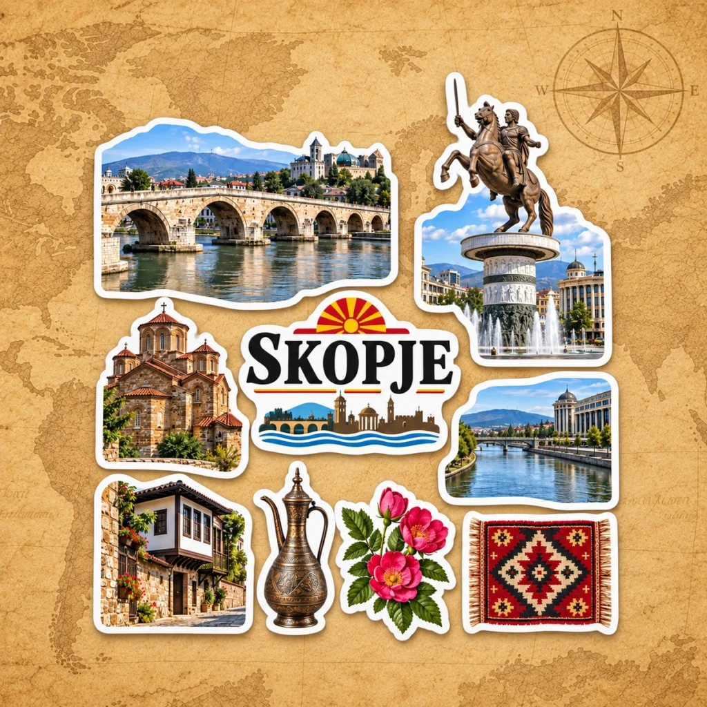 Skopje sticker sheet on an antique world map
