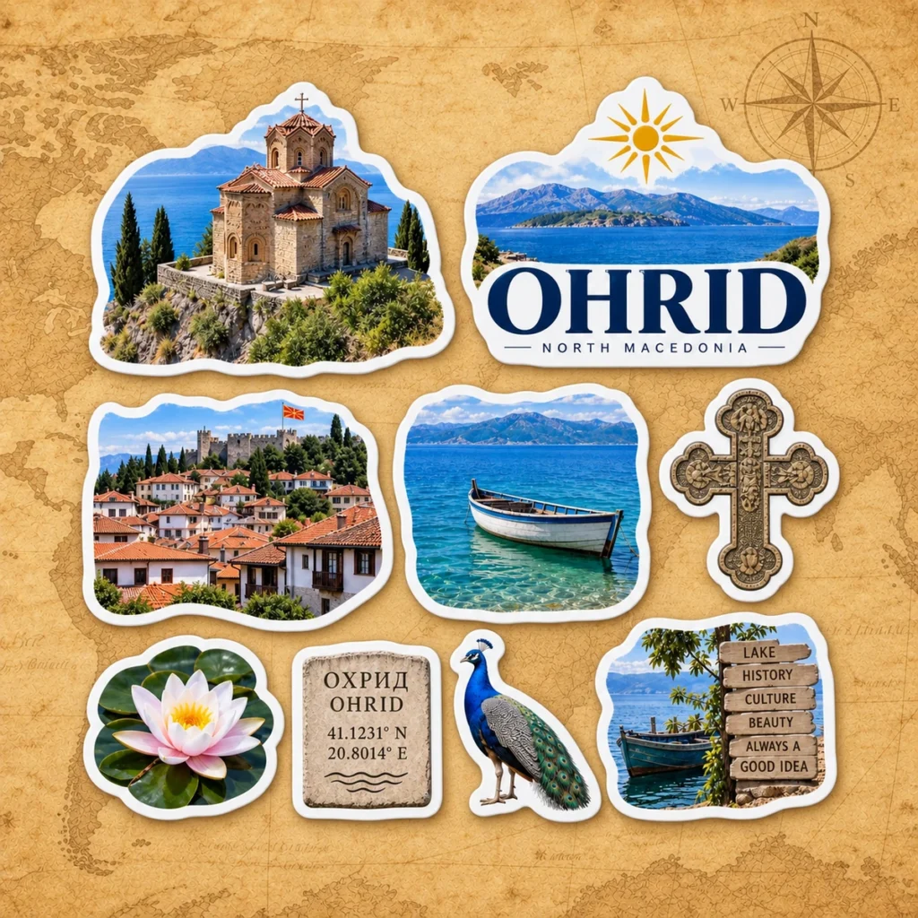 Ohrid sticker sheet on an antique world map