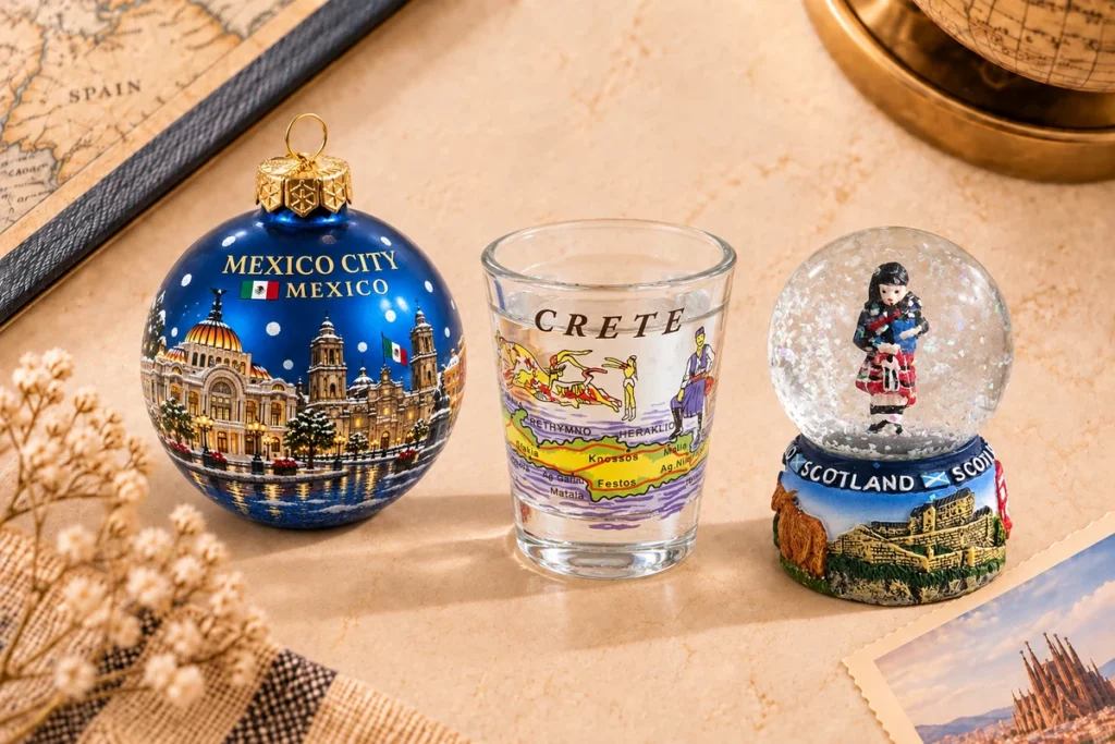 Fragile glass souvenir details on bauble, shot glass and snow globe