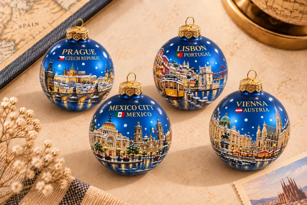 Glass souvenir Christmas baubles featuring Prague, Lisbon, Mexico City and Vienna