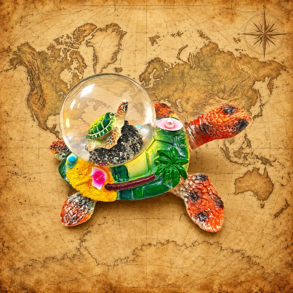 Sea turtle glass snow globe souvenir figurine on an antique world map