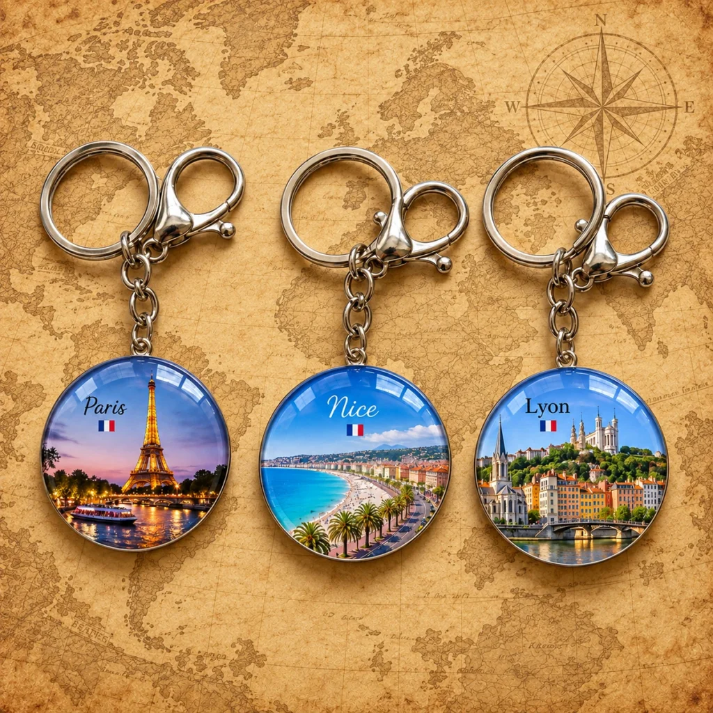 Paris, Nice and Lyon custom glass souvenir keychains