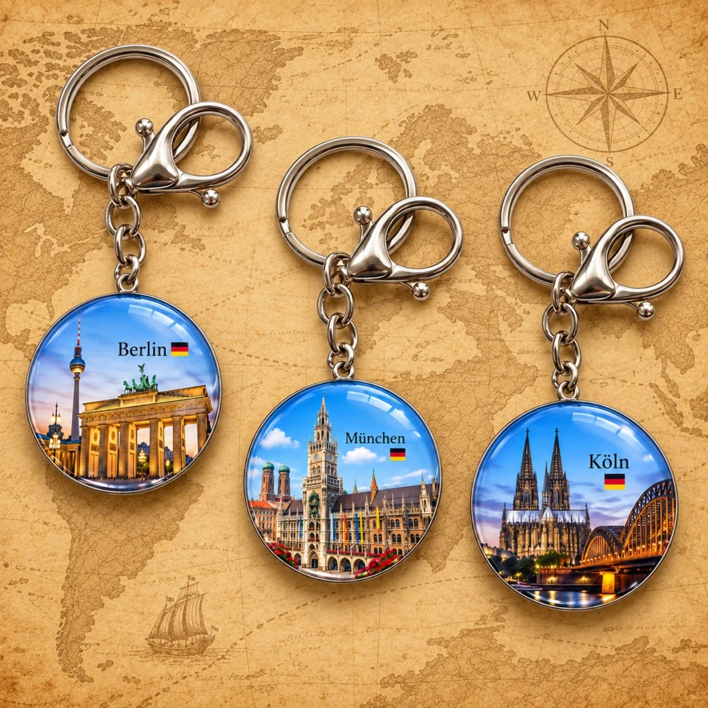 Berlin, Munich and Cologne custom glass souvenir keychains