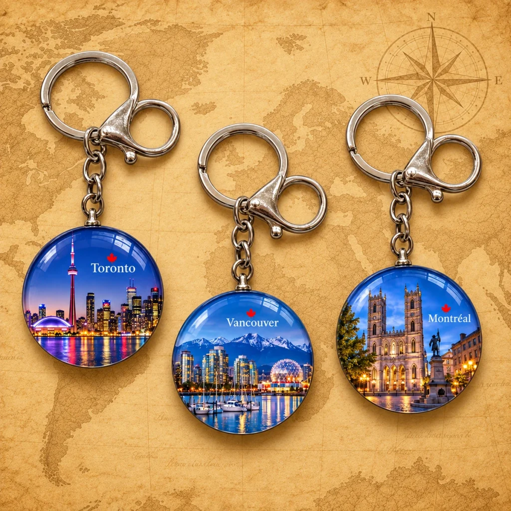 Toronto, Vancouver and Montreal glass souvenir keychains