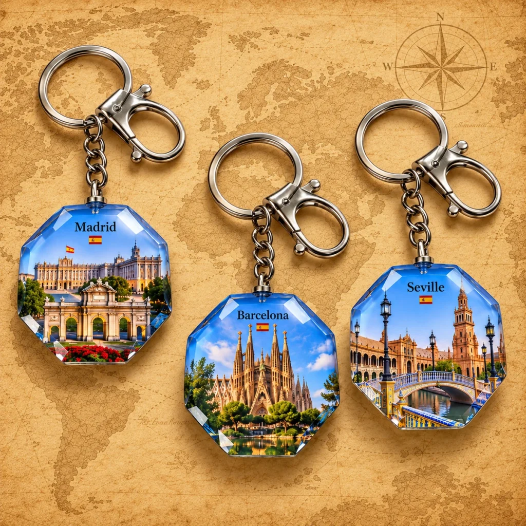 Madrid, Barcelona and Seville glass souvenir keychains