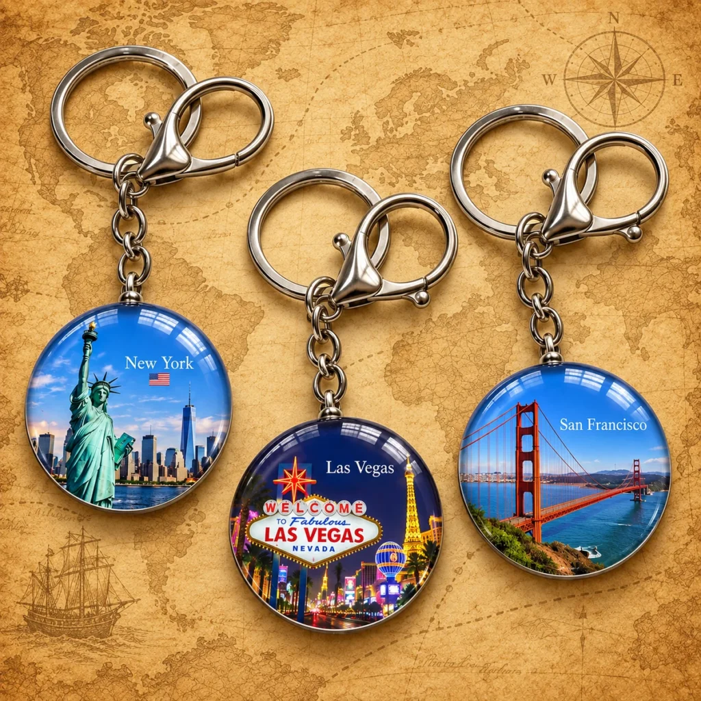 New York, Las Vegas and San Francisco glass souvenir keychains
