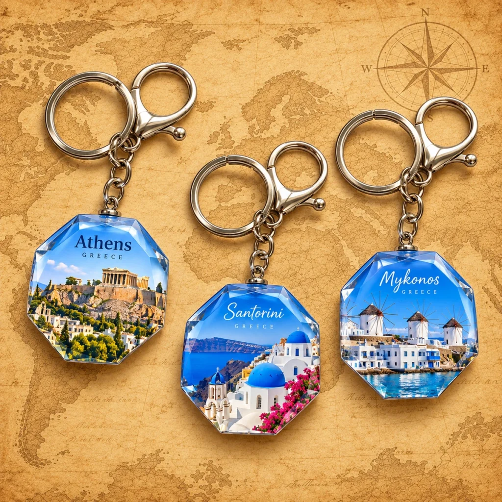 Athens, Santorini and Mykonos glass souvenir keychains