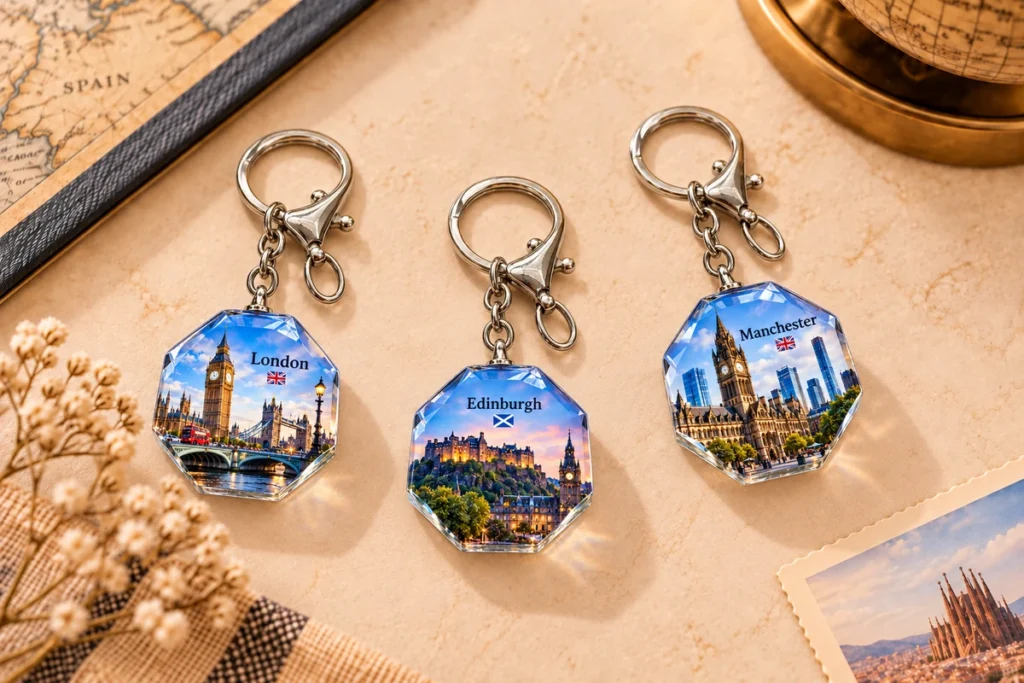 Crystal glass souvenir keychains featuring London, Edinburgh and Manchester