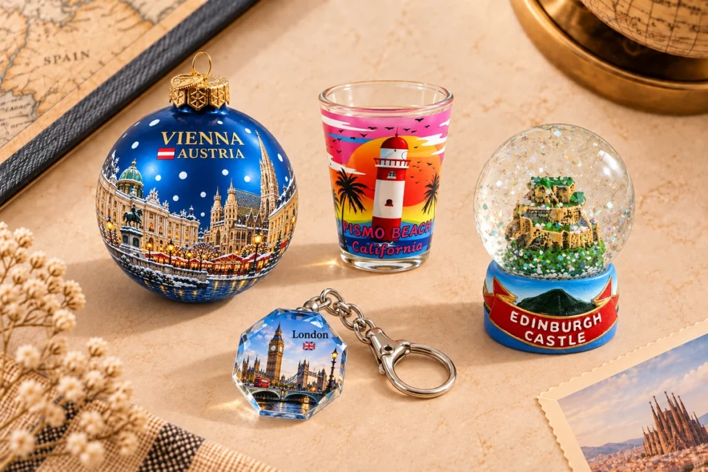 Glass souvenir quality control details on bauble, shot glass, snow globe and keychain