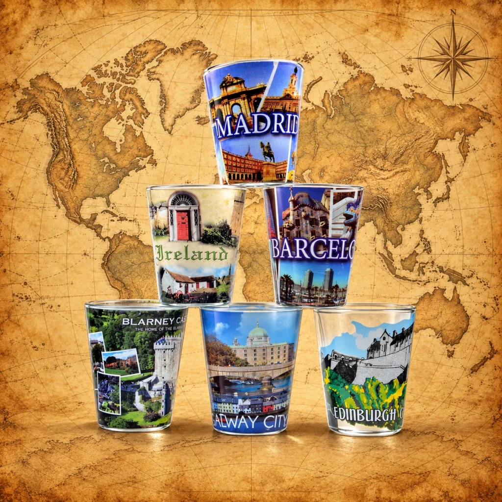 European destination printed glass souvenir shot glasses