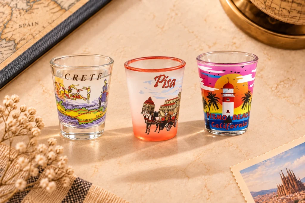 Glass souvenir shot glasses featuring Crete, Pisa and Pismo Beach