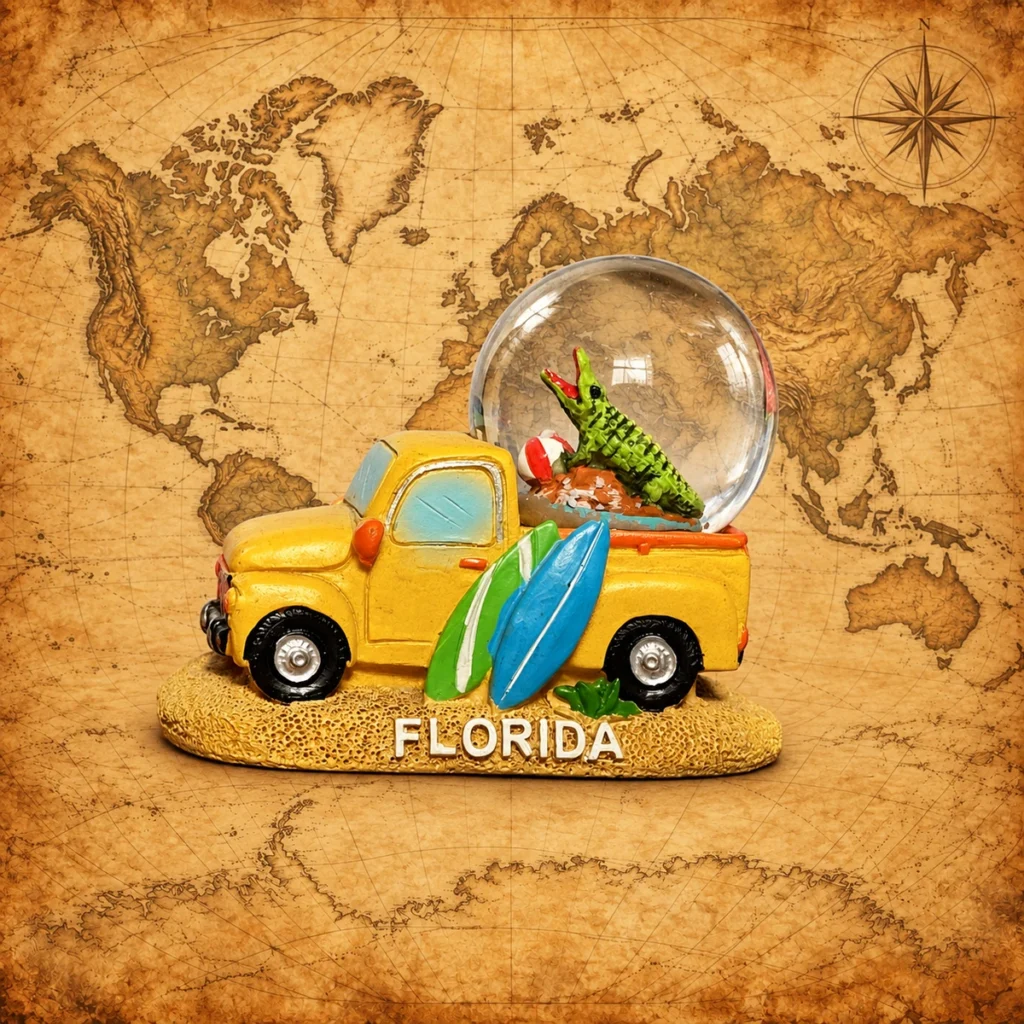 Florida truck and surfboard glass souvenir snow globe