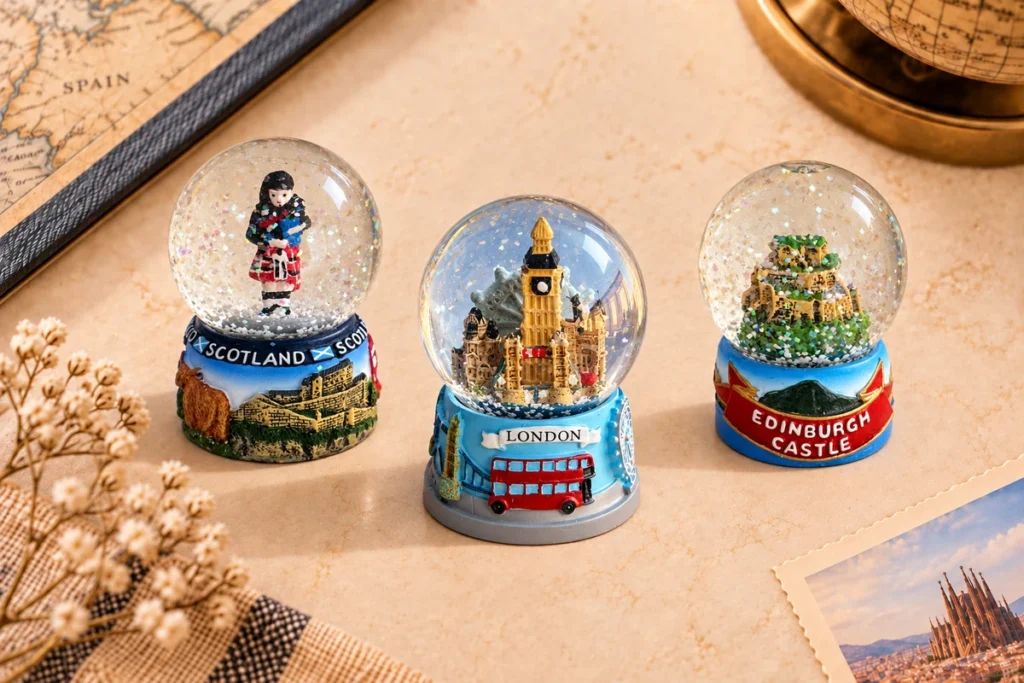 Glass souvenir snow globes featuring Scotland, London and Edinburgh Castle