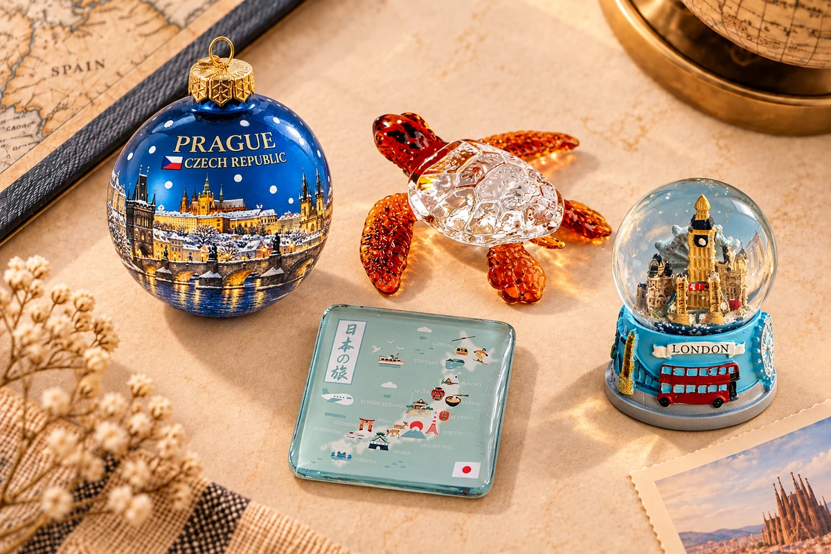 Custom glass souvenirs collection with bauble, turtle figurine, fridge magnet and London snow globe