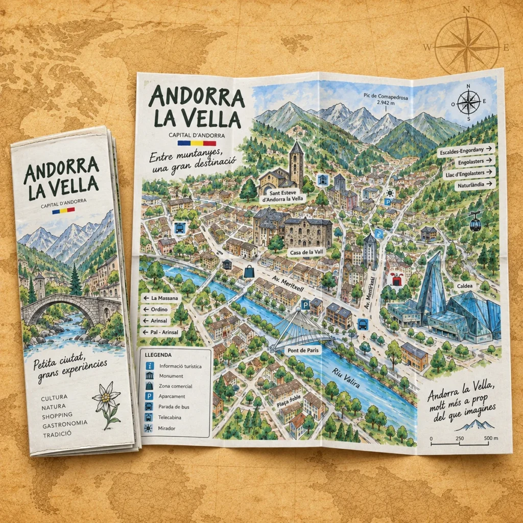 Andorra la Vella illustrated map on an antique world map