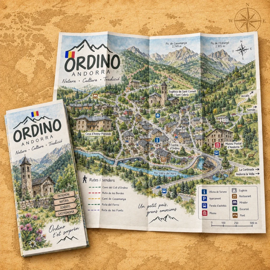 Ordino illustrated map on an antique world map