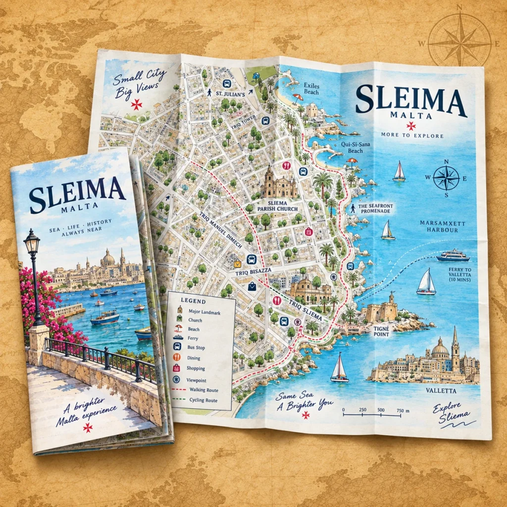 Sliema illustrated map on an antique world map